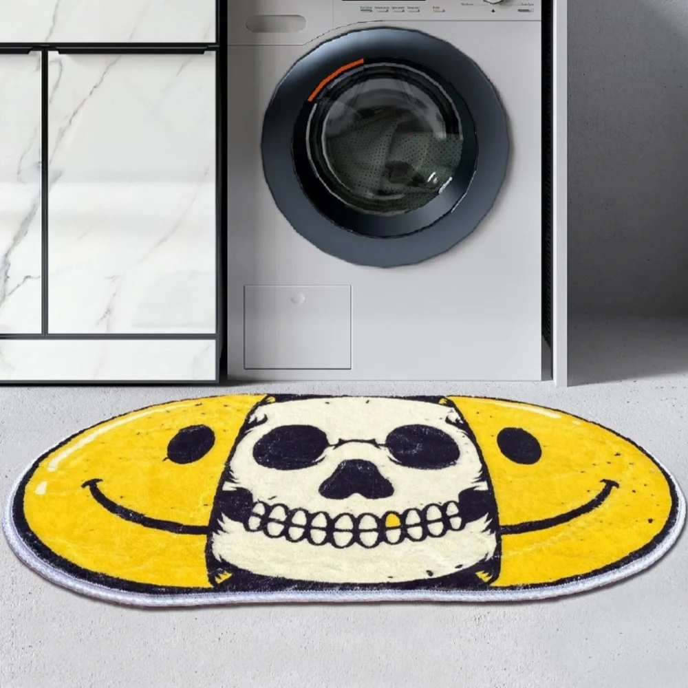 Set of 2 Smiling Skull Print Pattern Bath Rugs Art Microfiber Tufted Non-Slip